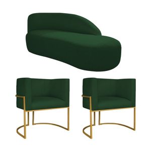 Kit Divã Luna 140cm Lado Direito E 02 Poltronas Base De Ferro Dourado Suede Cor Verde