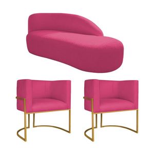 Kit Divã Luna 140cm Lado Direito E 02 Poltronas Base De Ferro Dourado Suede Cor Pink