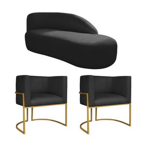 Kit Divã Luna 140cm Lado Direito E 02 Poltronas Base De Ferro Dourado Suede Cor Preto