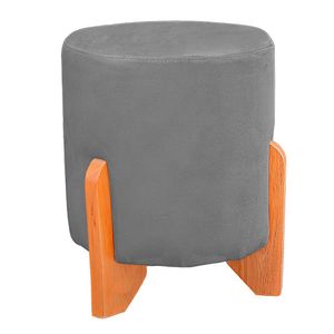 Puff Thor Luxo Madeira Maciça Redondo Suede Cinza