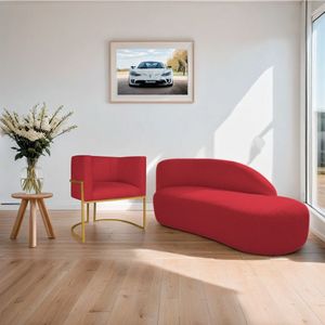 Kit Divã Luna 185cm Lado Direito E 01 Poltrona Base De Ferro Dourado Suede Cor Vermelho