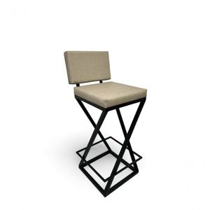 Banqueta Zênite Com Encosto - Preto - Assento Estofado Bege - 65cm