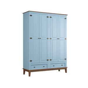 Guarda-roupa Rústico 4 Portas E 2 Gavetas - Madeira Maciça E Mdf Azul Claro