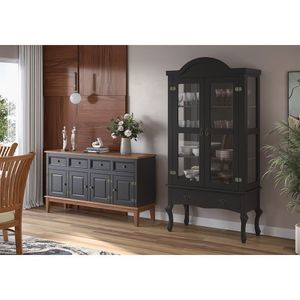 Conjunto Cristaleira Luis Xv Alta Com Balcão 4 P E 4 G De Madeira Maciça E Mdf Preto