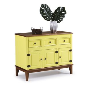 Balcão De Madeira Maciça 3 Portas E 3 Gavetas Amarelo Lemon
