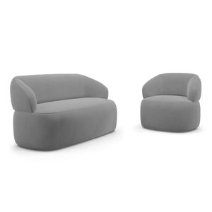 Kit Poltrona Giratória E Sofá Orgânico Living Glee 02 Lugares 140cm Veludo Cinza - Desk Design