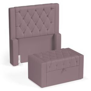 Cabeceira E Calçadeira Báu Solteiro Atena 90cm Capitonê Veludo Rosê - Desk Design