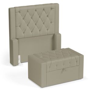 Cabeceira E Calçadeira Báu Solteiro Atena 90cm Capitonê Veludo Bege - Desk Design