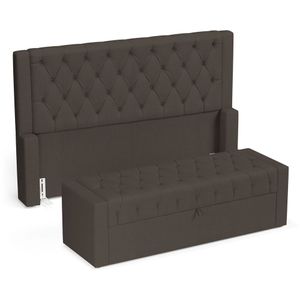 Cabeceira E Calçadeira Báu Casal Padrão Atena 140cm Capitonê Linho Cacau - Desk Design