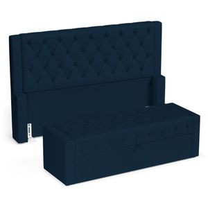 Cabeceira E Calçadeira Báu Casal Padrão Atena 140cm Capitonê Veludo Azul Marinho - Desk Design