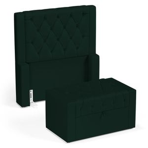 Cabeceira E Calçadeira Báu Solteiro Atena 90cm Capitonê Veludo Verde Escuro - Desk Design