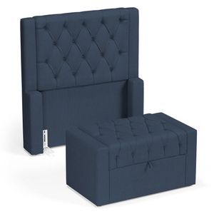 Cabeceira E Calçadeira Báu Solteiro Atena 90cm Capitonê Linho Azul - Desk Design