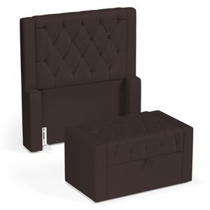 Cabeceira E Calçadeira Báu Solteiro Atena 90cm Capitonê Suede Marrom - Desk Design
