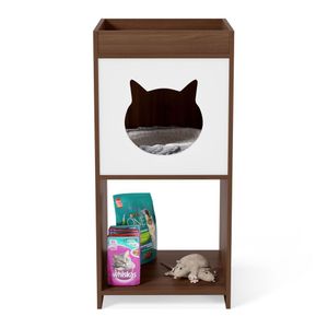 Mesa De Cabeceira Neko Com Casinha Para Gato E Nicho Integrado Castanho Branco - Desk Design