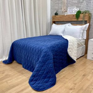 Coberdrom Queen Sherpa Efeito Pele De Carneiro 230cm X 250cm Azul Escuro