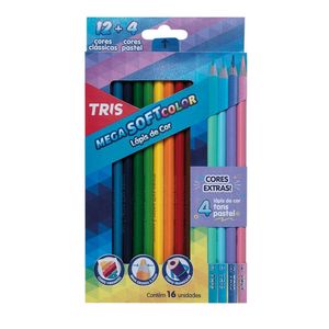 Lápis De Cor Tris Mega Soft Color 12 Cores + 4 Cores Pasteis