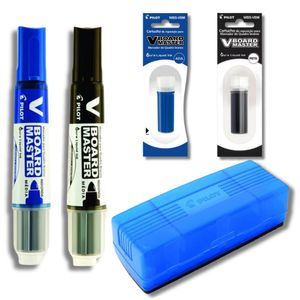 Kit 2 Marcadores Quadro Branco + 2 Refil Marcadores + Apagador De Quadro Branco Pilot Azul E Preto