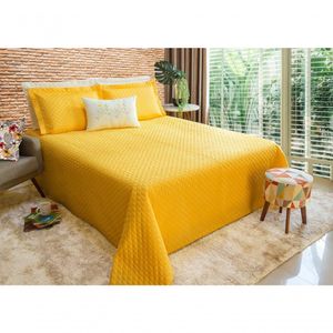 Cobre Leito Com Almofada Bordada Perola Casal 5 Pecas - Amarelo