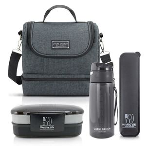 Kit Fitness Bolsa Térmica C- 2 Compartimentos e Marmita 2 Andares Com Garrafa E Porta Talher Preta