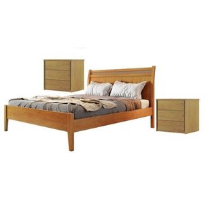 Conjunto Quarto De Casal Cama Queen Em Madeira Maciça E 2 Mesas De Cabeceira 3 Gavetas Unique Amêndoa Mel