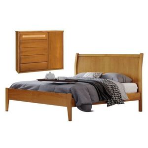 Conjunto Quarto De Casal Cama Queen 160cm E Cômoda Rattan 5 Gavetas Com Sapateira Amêndoa Mel