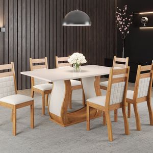 Mesa De Jantar Retangular 160x80cm Com 6 Cadeiras Sicilia Mel- Blonde- Marfim