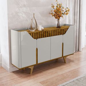 Aparador Buffet 4 Portas Mdf Ripado Real Pés De Madeira Maciça Tâmisa Off-white-naturalle