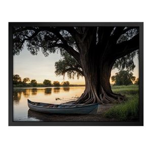 Quadro 60cm X 80cm Paisagem Barco E árvore Tropical Artes Preto