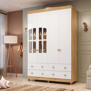 Guarda-roupa De Bebê 156,80cm 4 Portas Com Janela E 4 Gavetas 100% Mdf Maya Clássico Espresso Móveis Branco