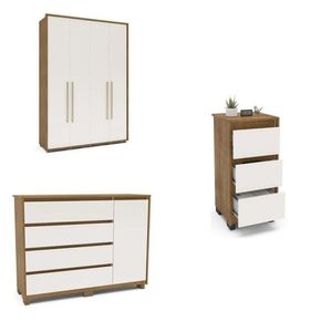 Quarto Guarda Roupas 4 Portas Cômoda 4 Gavetas 1 Porta 1 Mesa De Cabeceira 3 Gavetas Freijó/off White