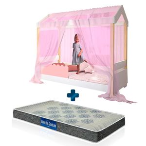 Cama Montessoriana Rose Branco Com Voal Rosa Jhulia Divaloto Com Colchão Probel D20