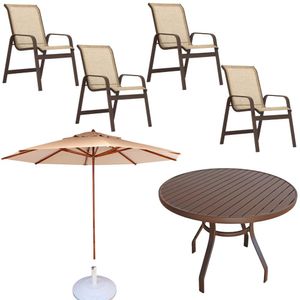 Conjunto Lótus Com Mesa 90cm Ripada 4 Poltronas Ombrelone 3,00m Com Base Marrom claro