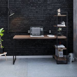 Escrivaninha Com Estante Alta Estilo Industrial 150cm Com 04 Prateleiras Dynamica Yescasa Nogal - Preto