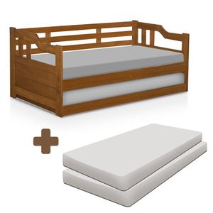 Sofá Cama Solteiro Com Auxiliar Madeira Maciça E Colchões Castanho Atraente