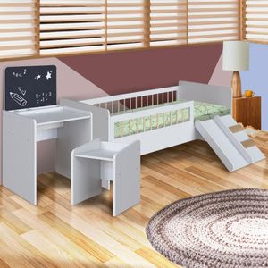 Conjunto Cama Montessoriana Com Mesinha Com Lousa E Cadeirinha Infantil Branco Cassian Shop Jm