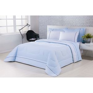 Kit Edredom 100% Algodão Percal 150 Fios Dupla Face Queen Gran Moratta 3 Peças - Azul-branco