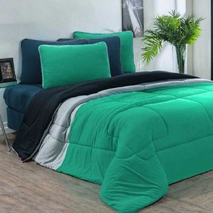 Kit Edredom Malha 100% Algodão Urbano 2 Peças Solteiro - Verde Jade-mescla-preto