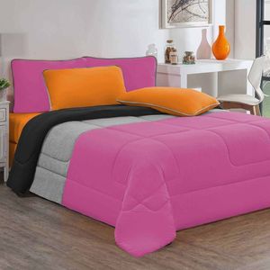 Kit Edredom Malha 100% Algodão Urbano 3 Peças King - Pink-mescla-preto