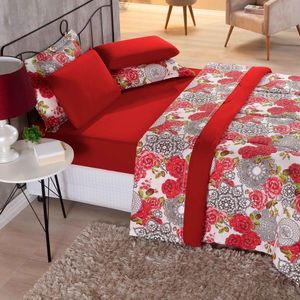 Kit Edredom + Jogo De Lençol 100% Algodão Primavera 7 Peças King Floral Vermelho