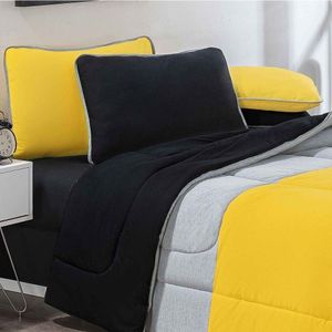 Kit Edredom + Jogo De Lençol 100% Algodão Urbano 6 Peças King Amarelo-mescla-preto