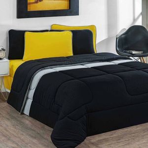 Kit Edredom + Jogo De Lençol 100% Algodão Urbano 6 Peças Queen Preto-mescla-amarelo