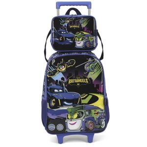 Kit Mochila Rodinha Lancheira Infantil Escolar Batmovel Batman Wheels Azul Luxcel
