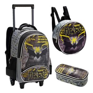 Kit Mochila Rodinha Lancheira Térmica Estojo Duplo Escolar Infantil Gotham Mor Batman Morcego Denlex