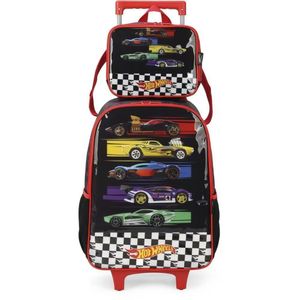 Kit Mochila Rodinha Infantil Lancheira Hot Wheels Carros