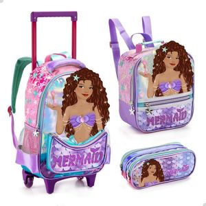 Kit Mochila Rodinha Lancheira Estojo Escolar Sereia Morena