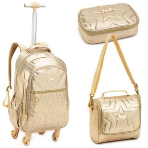 Kit Mochila Rodinha Lancheira Estojo Box Escolar Infantil Juvenil Just Dourado