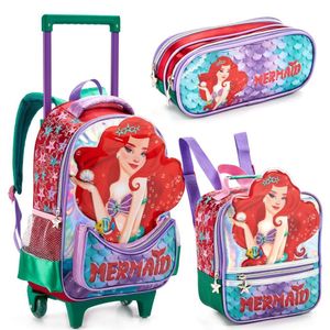 Kit Mochila Rodinhas Lancheira Estojo Duplo Escolar Menina Infantil Ariel Sereia Denlex