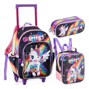 Kit Mochila Rodinha Lancheira Estojo Duplo Infantil Feminina Menina Escolar Power Unicórnio Poney