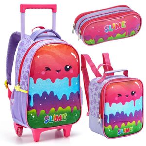 Kit Mochila Rodinha Lancheira Estojo Duplo Escolar Infantil Menina Feminina Slime Roxo