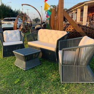 Conjunto De Sofá Em Corda Náutica Bambu - 1 Sofá 2l + 2 Poltronas + 1 Mesa Centro - Tecido Duna Cru